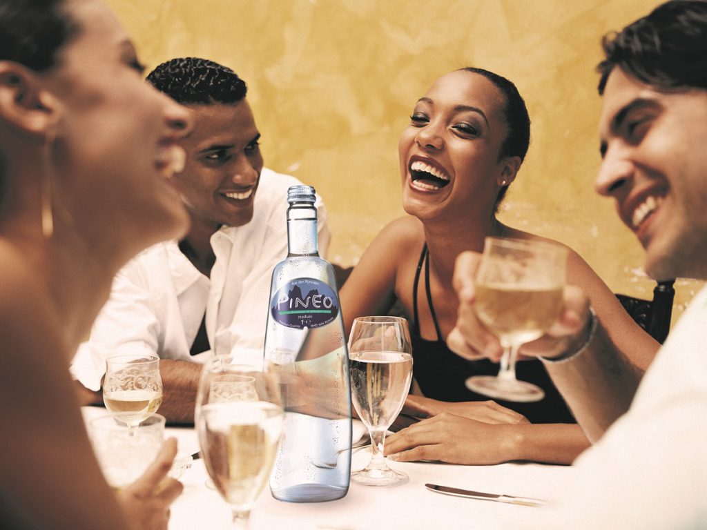 Groep mensen aan tafel op restaurant die genieten van natuurlijk mineraalwater als tafelwater